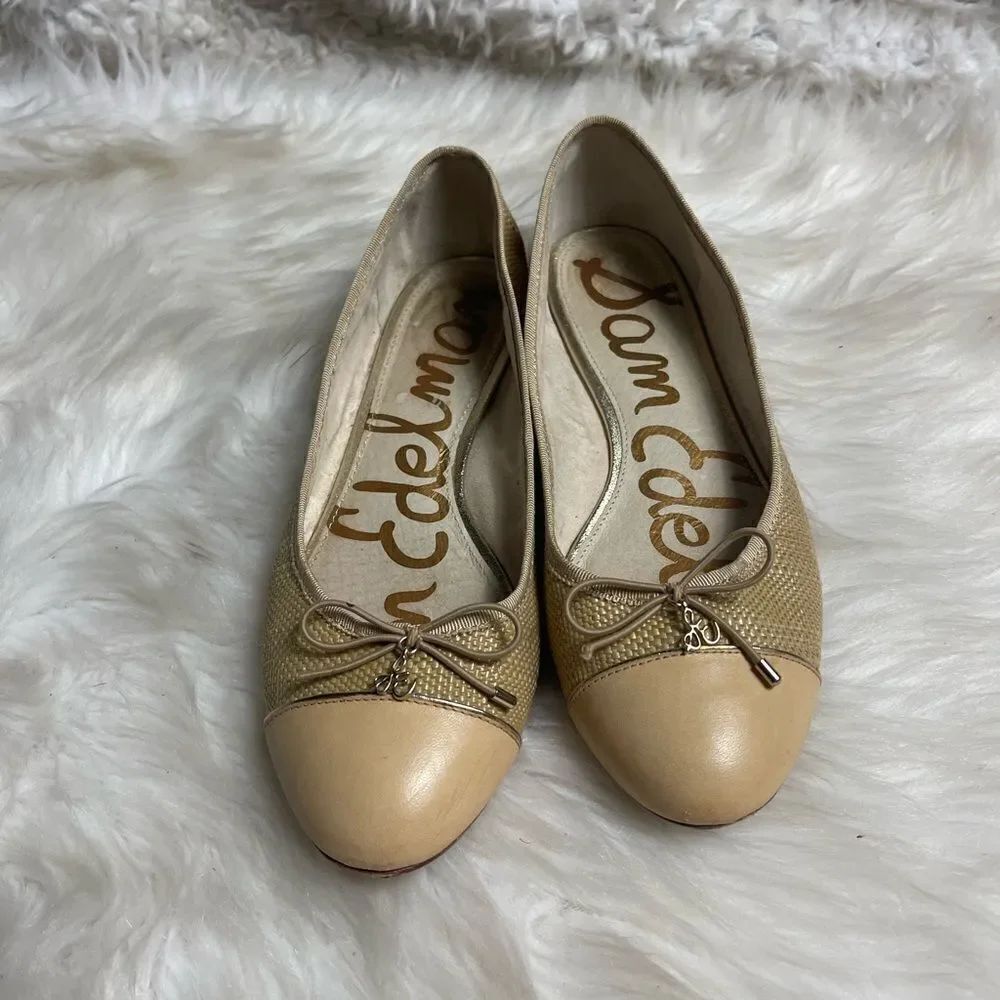 Sam Edelman leather tan and beige Rafia slip on flats bow accent size 8